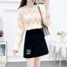 Set: Long-sleeve Print Sweater + Beaded A-line Skirt