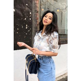 Puff-sleeve Floral Print Sheer Blouse