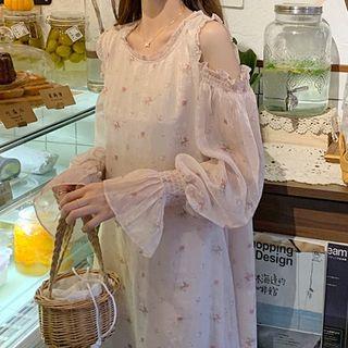 Floral Bell-sleeve Dress As Figure - One Size