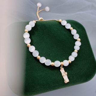 Bamboo Cat Eye Stone Pendant Bracelet Transparent White & Gold - One Size