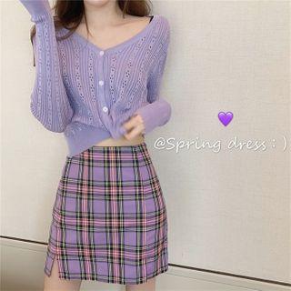 Crochet-knit Cardigan / Plaid Mini A-line Skirt
