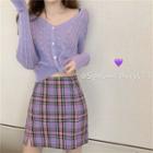 Crochet-knit Cardigan / Plaid Mini A-line Skirt