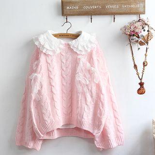 Layered Collar Shirt / Crew-neck Cable Knit Sweater / Set