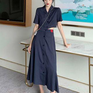 Short-sleeve Cropped Shirt / Heart Embroidered Midi A-line Skirt