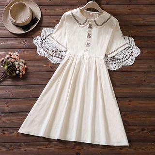Short Sleeve Bear Embroidered A-line Dress