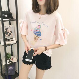 Print Ruffle-sleeve T-shirt