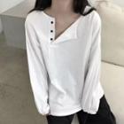 Long-sleeve Plain Irregular Button T-shirt