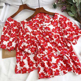 Floral Short-sleeve Top Red - One Size