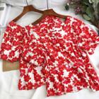 Floral Short-sleeve Top Red - One Size