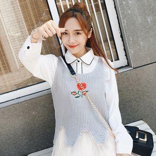 Flower Embroidered Distressed Knit Vest