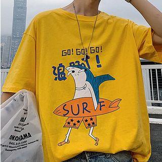 Shark Print Lettering Elbow-sleeve T-shirt