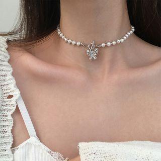 925 Sterling Silver Rhinestone Butterfly Pendant Faux Pearl Choker
