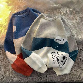 Color Block Cow Jacquard Sweater