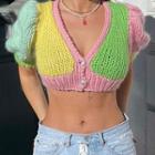 Puff-sleeve Color Block Cropped Cardigan