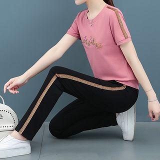 Set: Letter Embroidered Short-sleeve T-shirt + Sweatpants