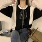 Cable-knit Bow-accent Sweater Black & White - One Size