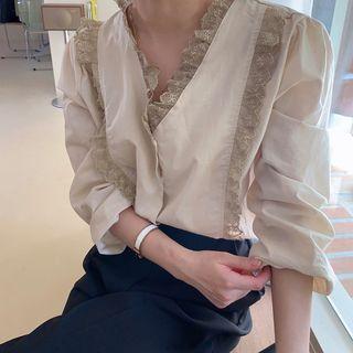 Lace Trim V-neck Blouse Beige - One Size