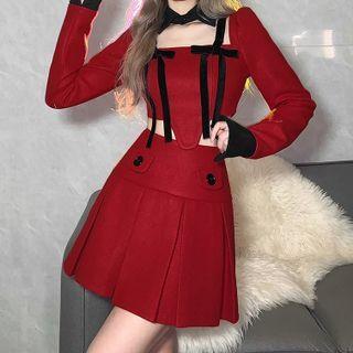 Set: Long-sleeve Bow-accent Crop Top + Pleated Mini A-line Skirt