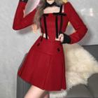 Set: Long-sleeve Bow-accent Crop Top + Pleated Mini A-line Skirt