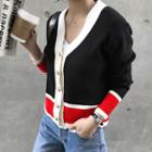 Metal-button Color-block Cardigan Black - One Size