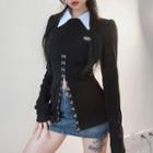 Contrast Collar Button-up Knit Top