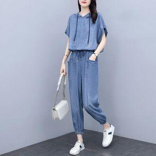 Set: Short-sleeve Denim Hoodie + Harem Jeans