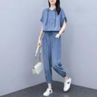 Set: Short-sleeve Denim Hoodie + Harem Jeans