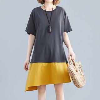 Elbow-sleeve Color Block Asymmetric A-line Dress