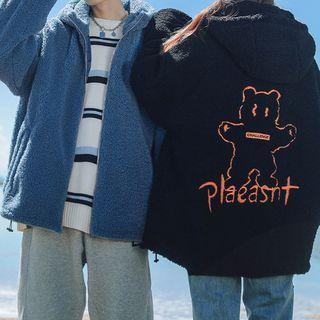 Long-sleeve Bear Embroidered Zip Fleece Hoodie