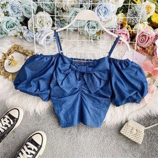Bow-detail Off-shoulder Cropped Blouse