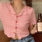 Short-sleeve Striped Lettuce Edge Polo Shirt Pink - One Size