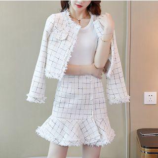 Set: Plaid Tweed Jacket + Ruffle Hem Pencil Skirt