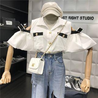 Elbow-sleeve Cold Shoulder Ribbon Contrast Trim Shirt
