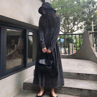 Windowpane Check Long-sleeve A-line Maxi Dress Windowpane Check - Black - One Size