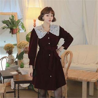 Lace-collar Velvet Dress With Sash