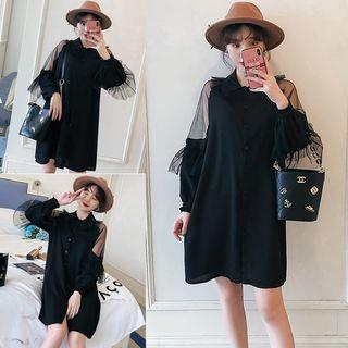 Long-sleeve Sheer Panel Mini Shirt Dress