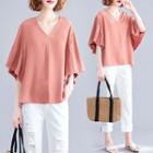 Plain Pleated Sleeve V-neck T Shirt Light Pink - L
