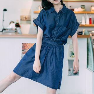 Set: Short Sleeve Denim Shirt + A-line Skirt