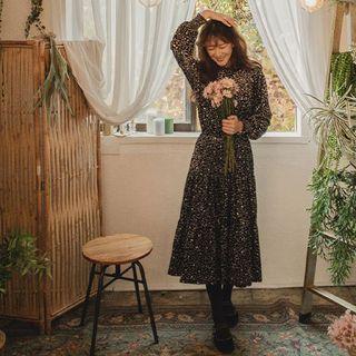 Floral Print Velvet Tiered Long Dress