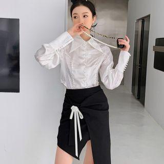 Faux Pearl Accent Shirt / Bow-accent Pencil Skirt
