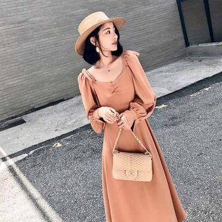 Long Sleeve Plain V-neck Dress