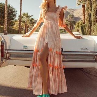 Wide Strap Gingham Bobble Midi A-line Dress