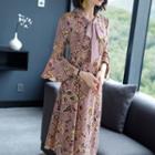 3/4-sleeve Floral Midi Chiffon Dress