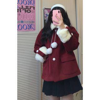 Pom Pom Woolen Coat/ Pleated Mini Skirt