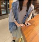 Oversize Denim Vest / Hooded Side-slit Elbow-sleeve T-shirt Dress