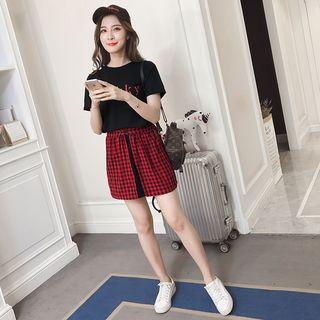 Set: Lettering Short-sleeve T-shirt Dress + Gingham A-line Skirt