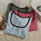 Checkerboard Puff-sleeve Crop T-shirt