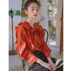Long-sleeve Tie-neck Blouse Top - Red - One Size