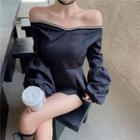 Off-shoulder Puff-sleeve Blouse Black - One Size