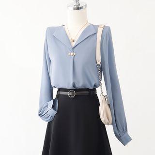V-neck Plain Button-up Oversize Shirt